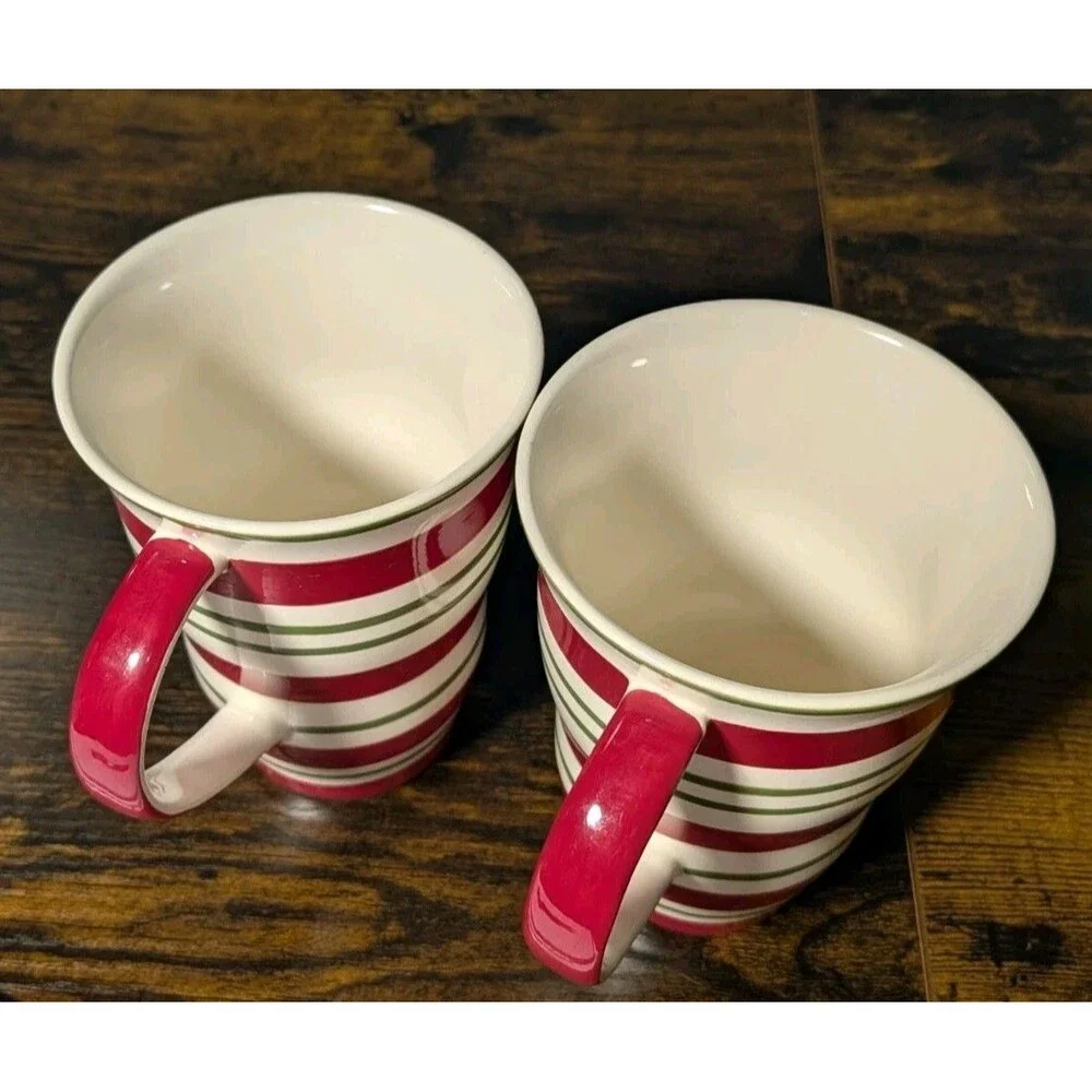2 Pier 1  Striped Candy Cane Tapered Latte Coffee Mugs Tea Cups Red Green White